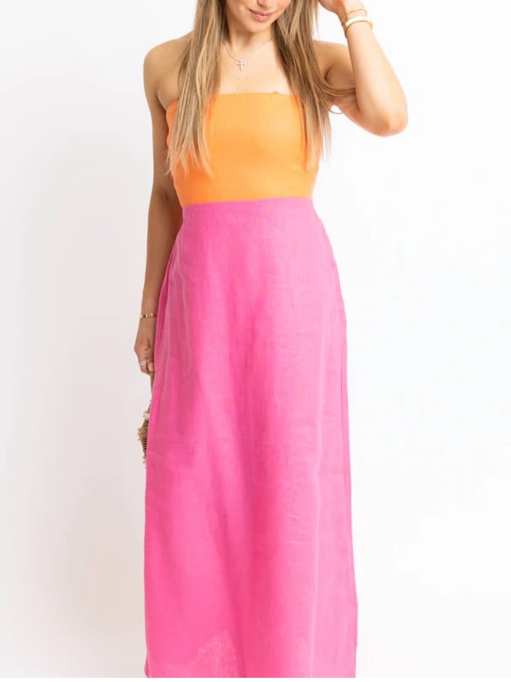 Karlie Boutique Colorblock Linen Bustier Maxi Dress Pink & Orange Small NWT $138 - Picture 2 of 9